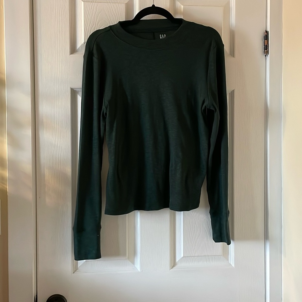 Gap essential rib knit mock neck longer sleeve tee hunter forest dark green
